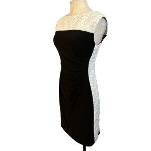 Chaps Ralph Lauren Dress Black White Petite Medium PM Stretch Sheath Washable